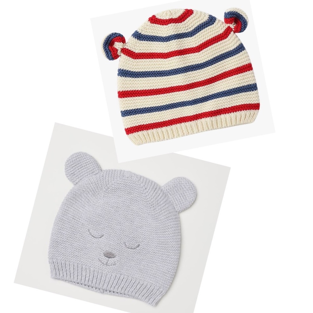 Bundle of 2 Knit Baby Beanie Hats with attached cute ears